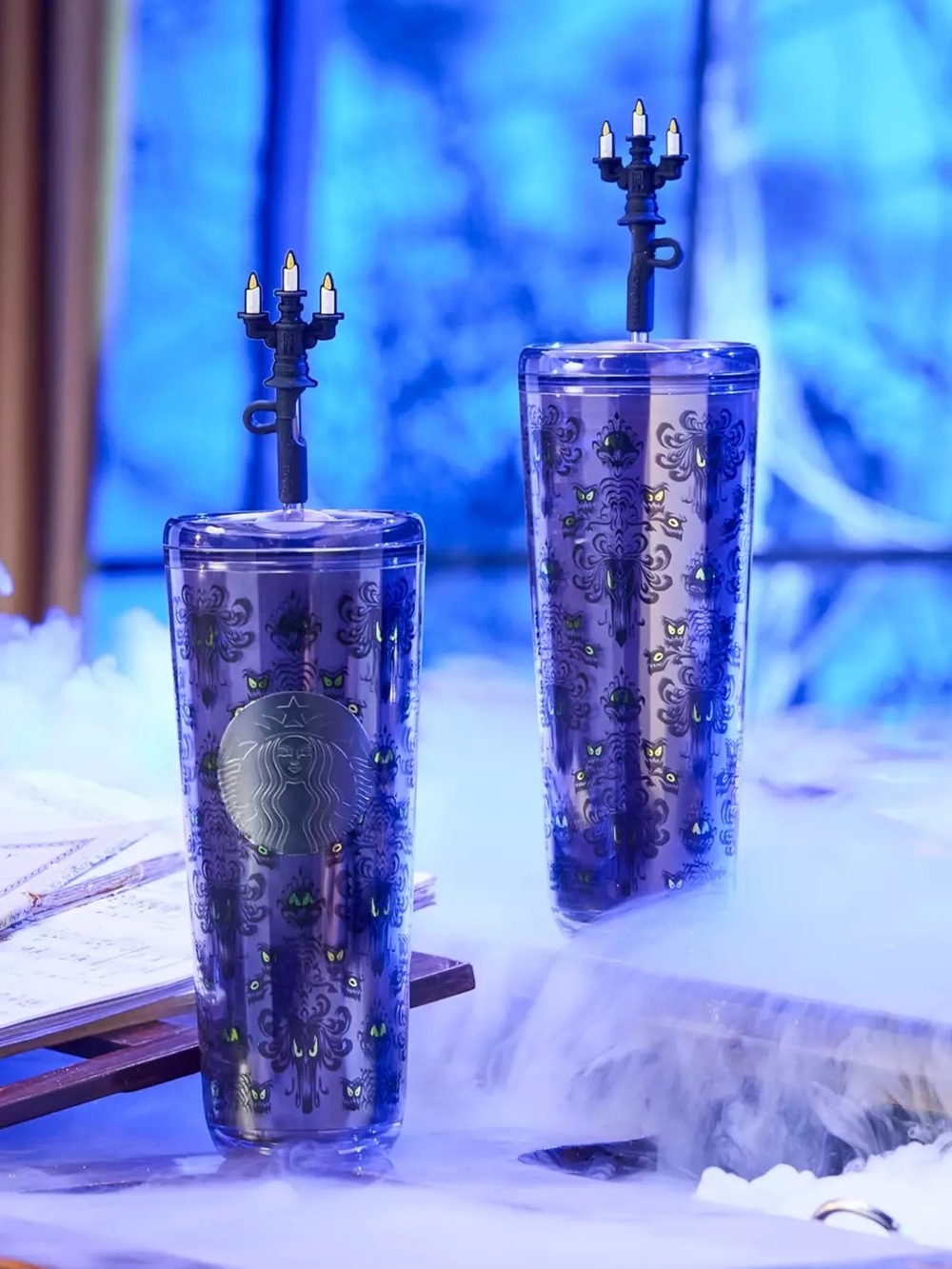 NEW DISNEY STARBUCKS HAUNTED MANSION EYES 24oz TUMBLER WITH STRAW & CANDELABRA